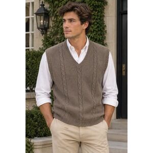 Vintage Mens Sweater Vest XL Tan Cable Knit Preppy Heritage Old Money Academia